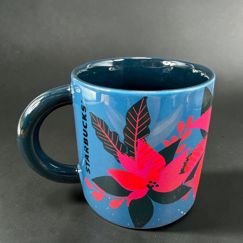 Starbucks Holiday Poinsettia Blue Pink Ceramic Coffee Mug Cup New w Tags 12oz